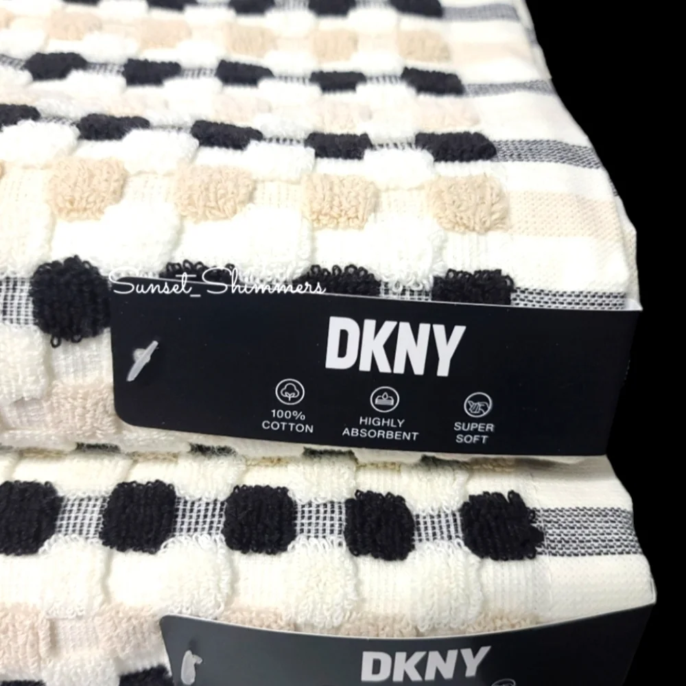 DKNY 8Pc 2 Bath 2 Hand 4 Washcloth TAN BLACK WHITE Gingham Check Towel Set NEW